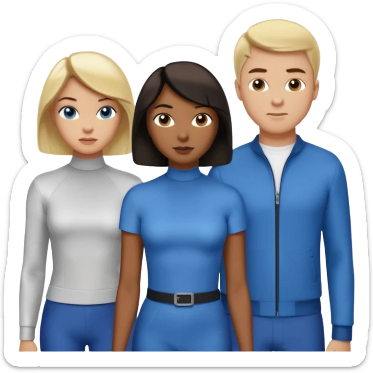 3 Friends standing side by side, charlie's angels style: 1 black woman with a short flat pressed bob, 1 hispanic man with a thin nose and long hair, and 1 white guy with blue eyes and a short brown-blonde haircut sticker