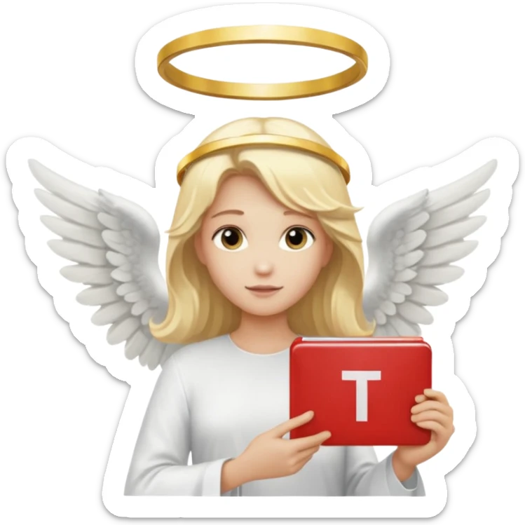 "An angel emoji with blonde hair, a halo, wings, holding a 'COMPARTILHAR' sign in bold letters." sticker