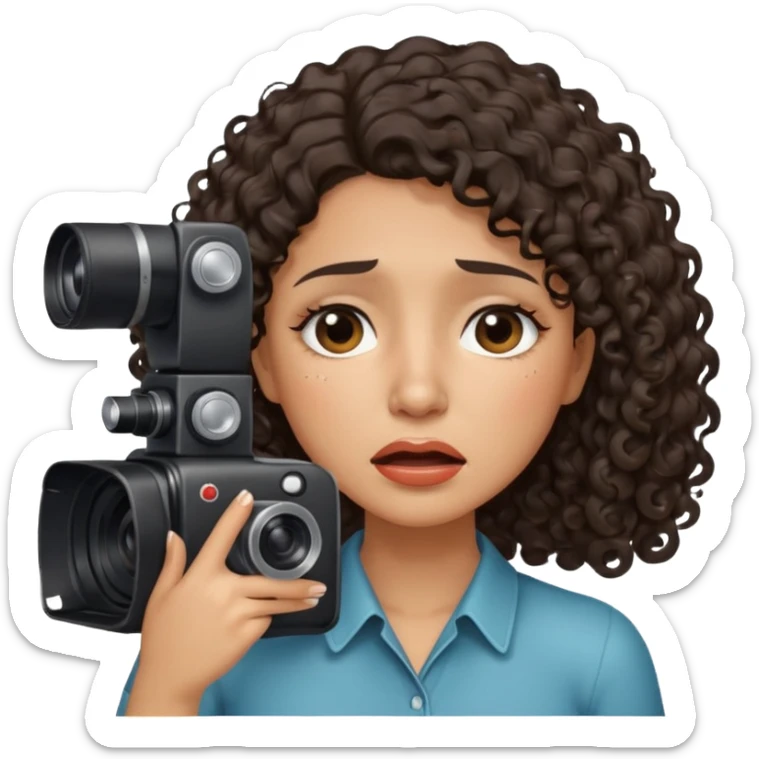 Hispanic Woman with shoulder length dark curly hair holding a camera crying tears sticker