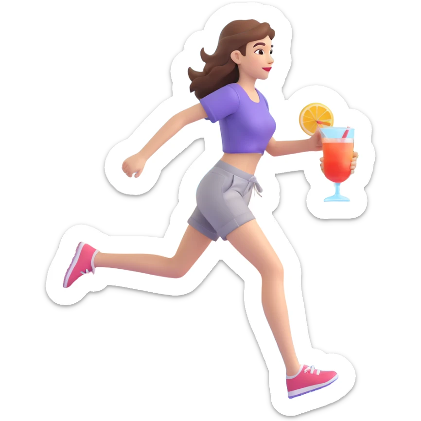 girl in casual summer clothes running along shoreline with cocktail in hand blending love for running and beach holidays sticker