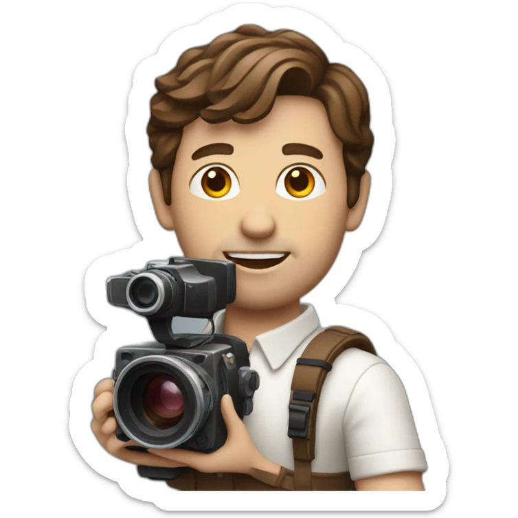 European film director with brown hair holding a cinema camera sticker