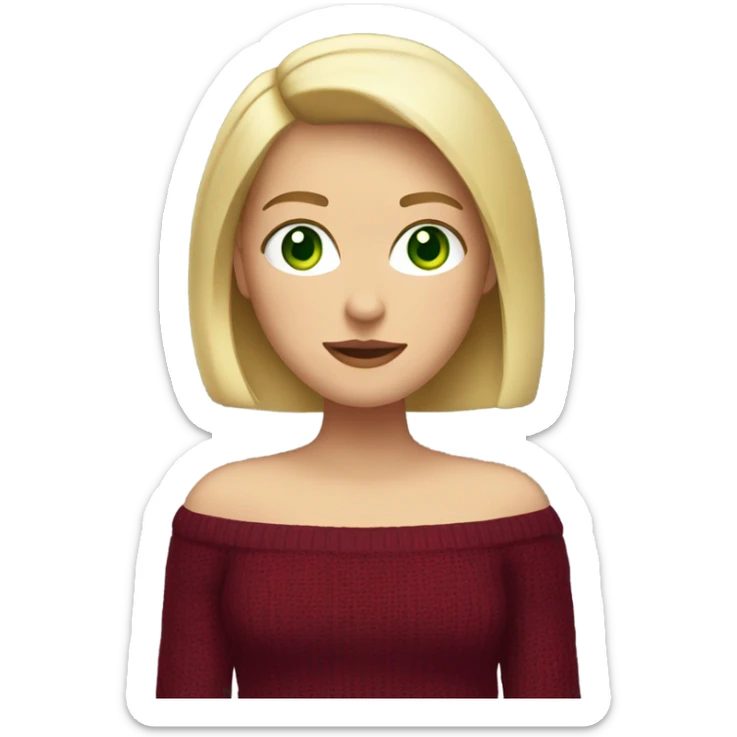 blonde girl with a bob, with green eyes, dressed in a burgundy sweater with open shoulders sticker