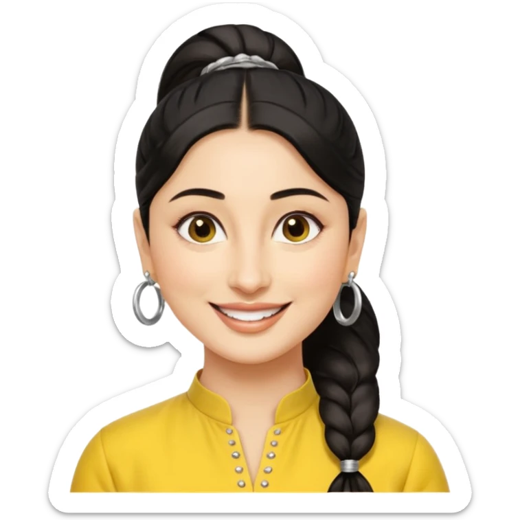 generate a pretty bratz emoji that looks like Kareena Kapoor's Geet character. 
Make her wear a yellow kurti, silver hoops, black hair in a ponytail. smiling big

She should look like Kareena Kapoor sticker
