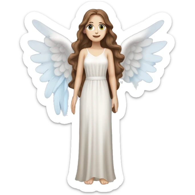 Full length white woman with brown hair dressed as a beautiful angel with wings and a long flowy dress and blue eyes sticker