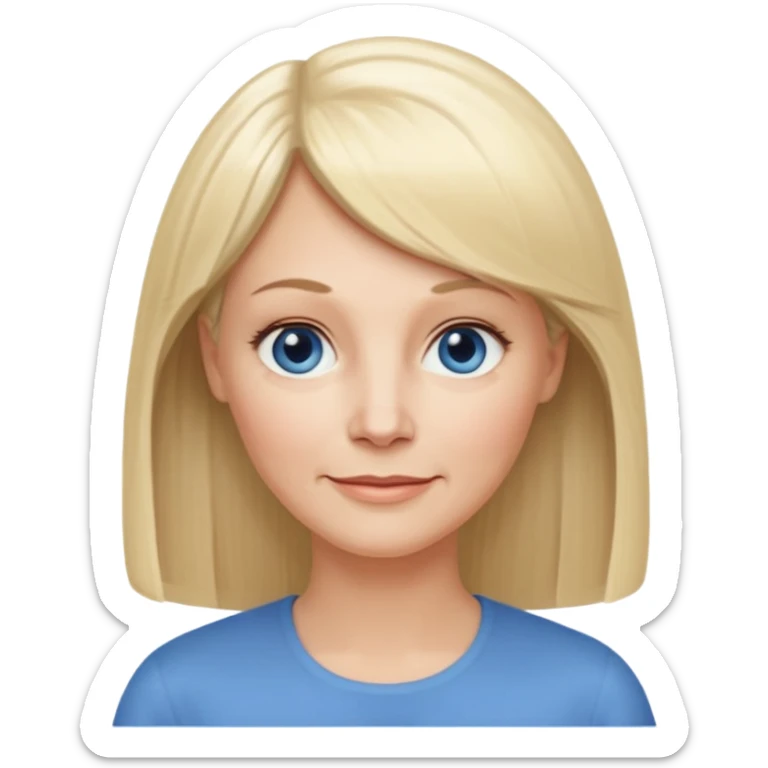 50 yr old white woman, hippe part bangs, very long straight blond hair, oval face, small smile, blue eyes, thin face, hair downback, hair parted at center of head, round cheeks, pale, longer hair sticker