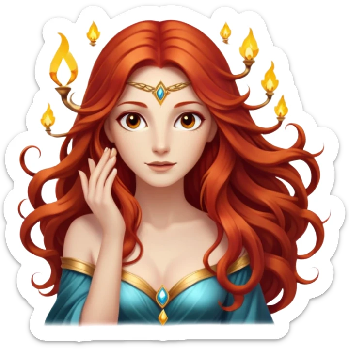   Very Magic God Fee femme avec des cheveux très long roux, yeux marrons belle comme une déesse avec un beau corps qui a de la magie tout autour d’elle  sticker