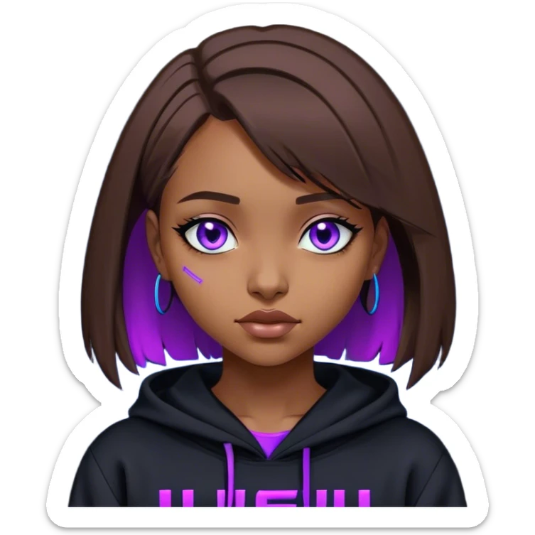 brown haired girl with a bob blue eyes wearing black hoody with violet letters "Lu", winks with one eye. Cyberpunk style. Violet neon. sticker