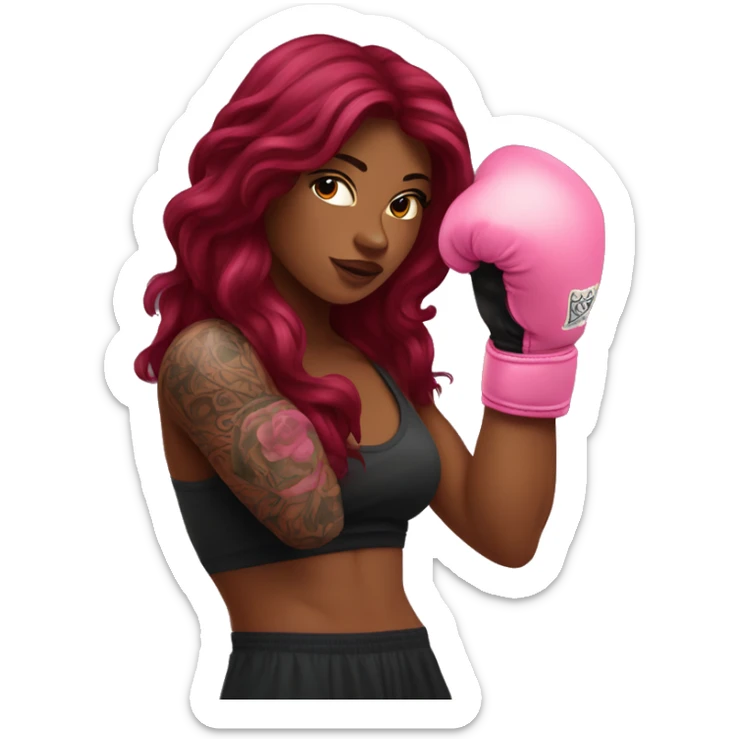 Beautiful tattooed  burgundy long haired woman boxing with pink gloves sticker