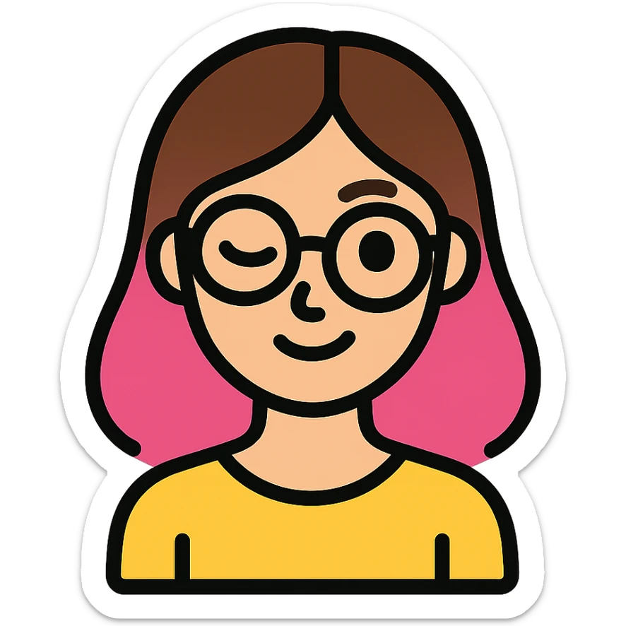 woman with gradient hair from dark to pink with glasses, brown roots, brown eyebrow, flirting sticker