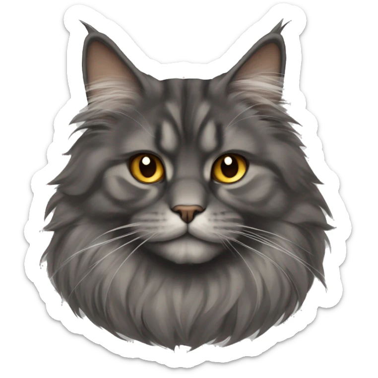 A Persian-Maine Coon mix with a thick, smoky-gray coat, round amber eyes, a flat, expressive face, and small, rounded ears. The fur is dense and fluffy, giving a plush and majestic appearance. sticker