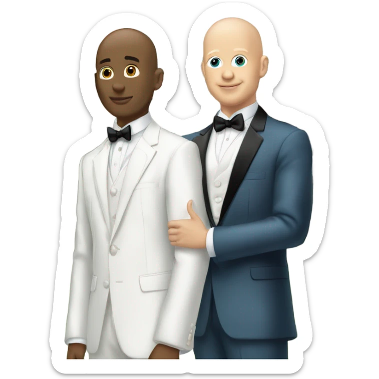Two twin bald white men going to prom together posing with one of them behind and holding the one in front  sticker
