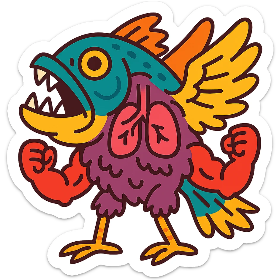 piranha with feathered wings, bird feet, visible lungs, furry body, muscular arms, vibrant cartoon style sticker
