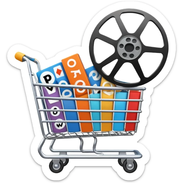 shopping cart with multiple video player symbols and a film reel sticker