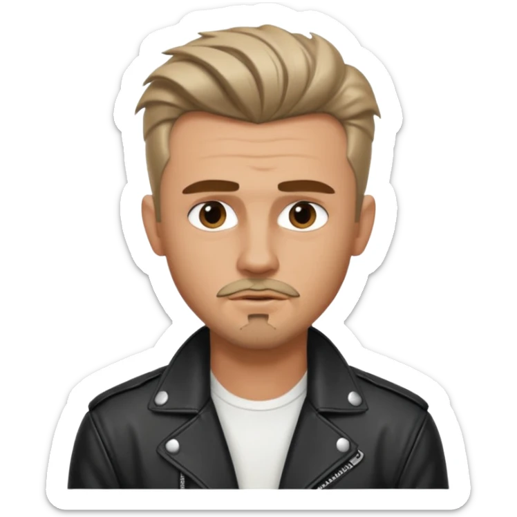 guy with slick James dean hair with front tendrils, mustache and goatee facial hair, wearing a white shirt and a black leather jacket , several silver piercings in ear sticker