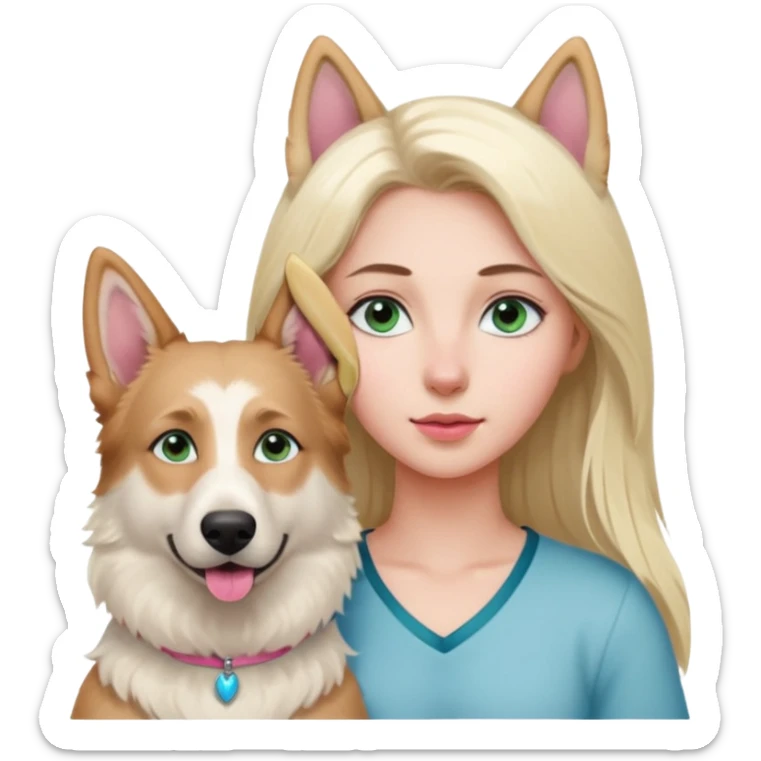 White European young woman with blue-green eyes and long blond hair with her white German Shepherd dog,the Dog hast a pink nose and short fur  and Brown eyes sticker