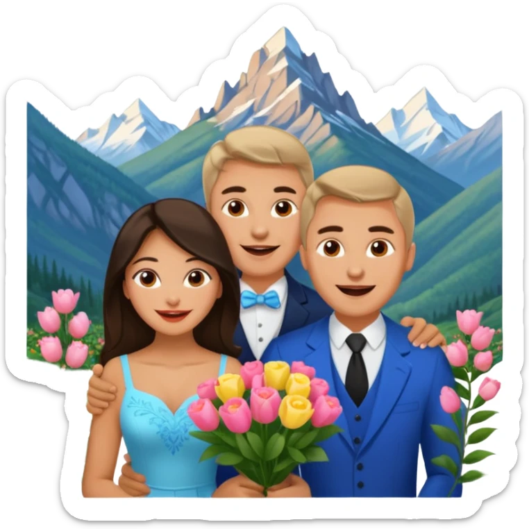 Excited Couple traveling  russian man and elegant  Latina girl delicate flowers and mountains in the background  sticker