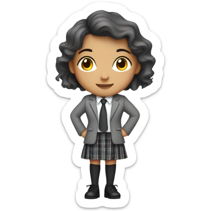 A girl wearing a grey blazer a grey tie a white black tights black shoue and a plaid skirt  sticker