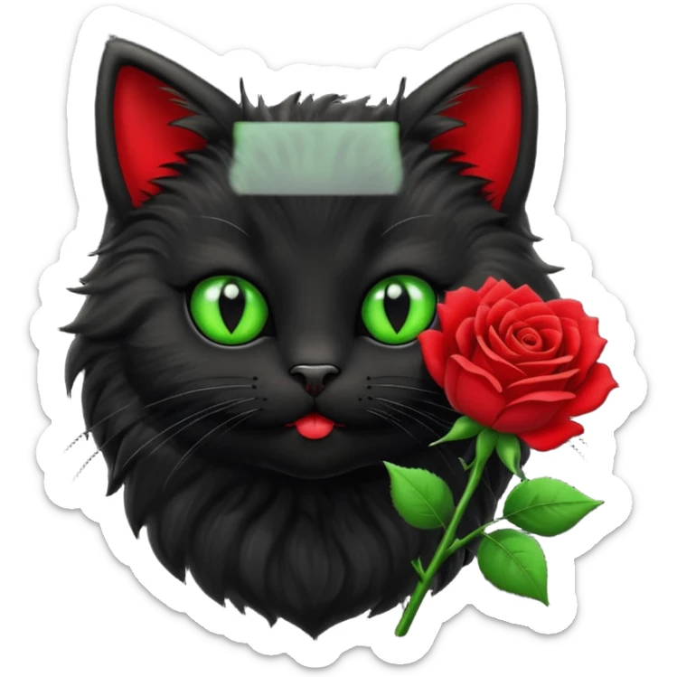 Cute emoji-style black cat holding a red rose in its mouth, big round eyes with light green sclera and black pupils, fluffy fur, clean mascot style, centered, soft beige background, 1:1 ratio. sticker
