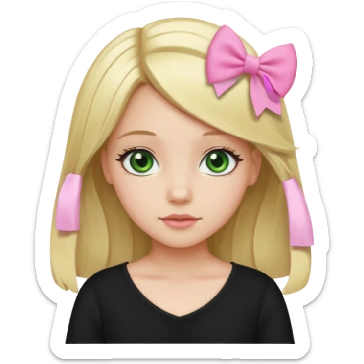 blonde girl middle part, pink bow in hair, plain black top, green eyes. sticker