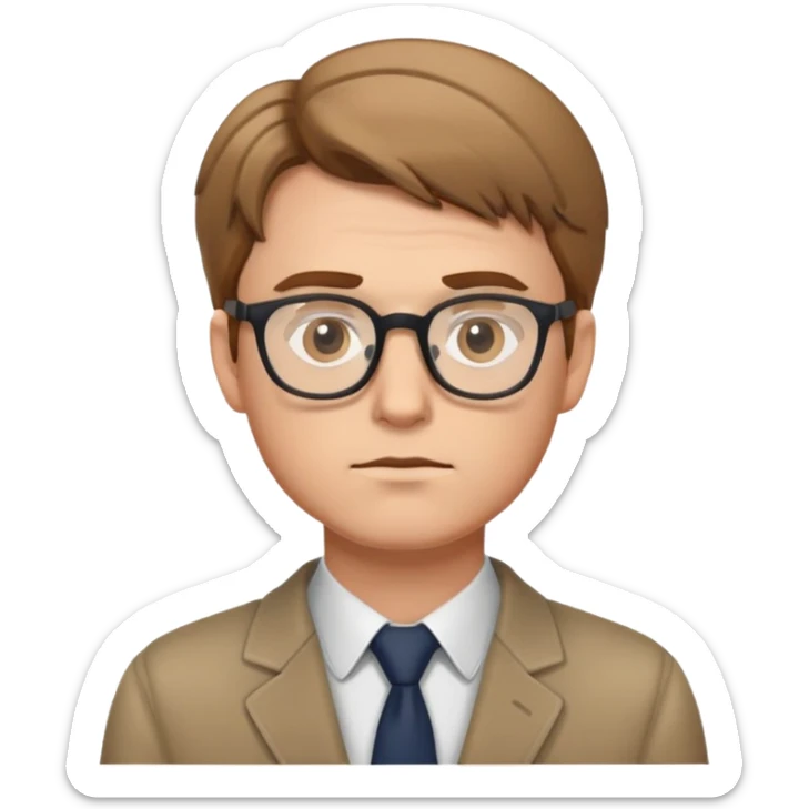 white male reporter with light brown hair, wearing glasses, looking at photographs, thoughtful expression sticker