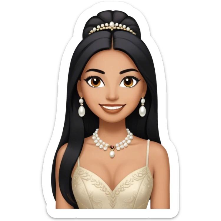 beautiful fit tall woman, with long straight black hair, with make up, black eye liner, smile mooth close, mexican, brown skin, wearing beautiful couture outfit and discret pearl  sticker