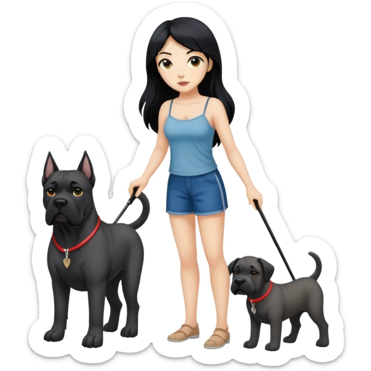 Woman with long black hair wearing spaghetti strap top holding a black Cane Corso dog with cropped ears and short tail sticker
