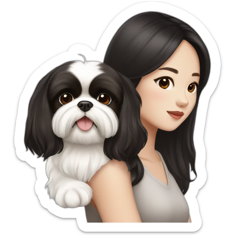 long black hair korean girl with white and brown shih tzu sticker