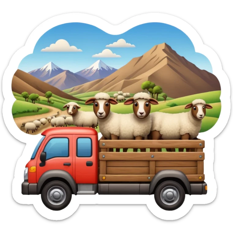 Cartoon 3D emoji of a Peruvian rural truck transporting sheep in the back, wooden cargo bed, Andes mountain landscape, dusty countryside road, glossy finish, bold outlines, vibrant natural colors, sticker design, transparent background sticker