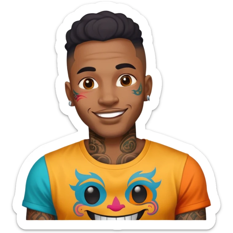 black man with bold face tattoos, happy face, wearing a colorful t-shirt sticker