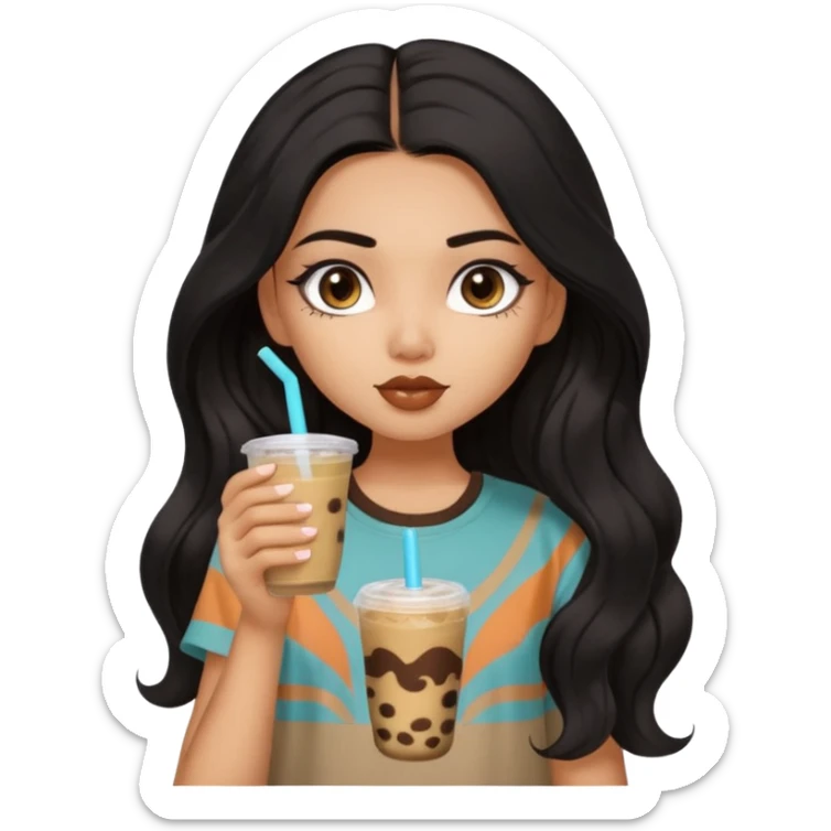 a pretty FAIR indian bratz girl with wavy long black hair, wearing an oversized brown tshirt, drinking boba, eyeliner on sticker