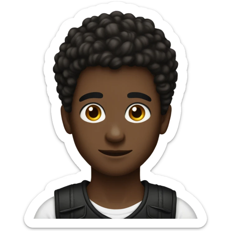 Boy with hair shaved on the sides and long curly hair on top, dark brown eyes, wearing black tank top sticker