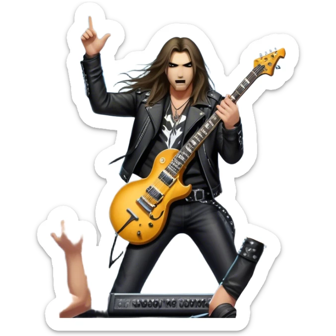 Icon for Heavy Metal: a metal band on stage, with electric guitars, drums, and a powerful vocalist. The atmosphere is intense with flashing lights, music notes, and a crowd of fans. The design should capture the energy and power of a live heavy metal performance. Transparent background. sticker