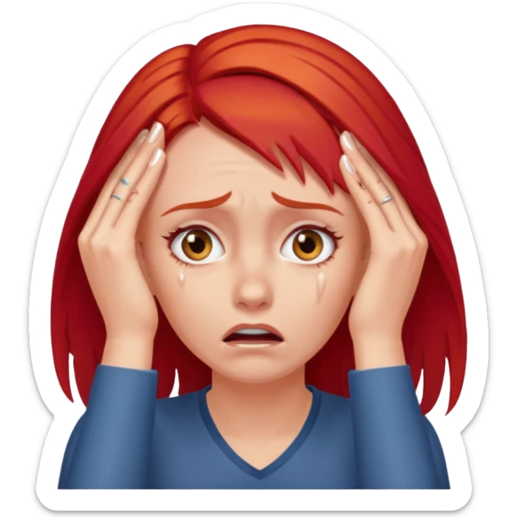 A realistic waist-up portrait of a frightened woman with her hands on her head and red hair sticker