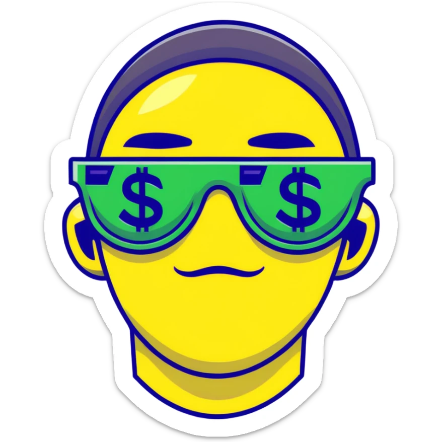 yellow face with green money signs for eyes, wearing slightly transparent black sunglasses, money symbols on face sticker