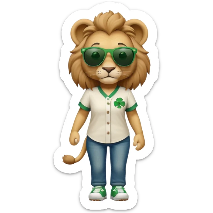 confident anthropomorphised female lion wearing baseball shirt and jeans with shamrock and green accents, dark sunglasses, walking upright, looking self-assured sticker