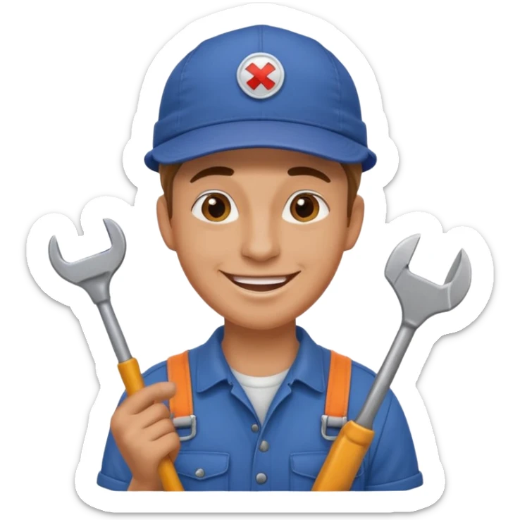 face emoji of a mechanic cheerful with a tool in hand and a patch on the cap sticker
