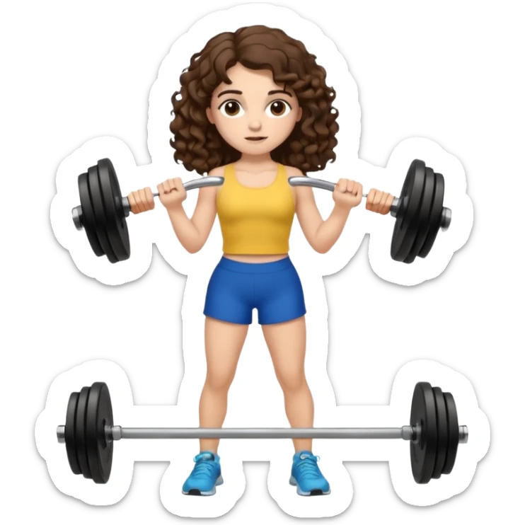 full body, very beautiful italian girl, dark brown eyes, looking like Emma Watson, with curly and big volume very bright brown hair, and a golden piercing ring in nose on left side, pumping dumbbells

 sticker
