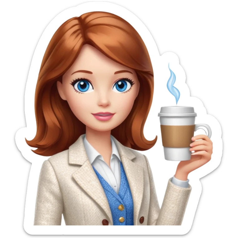 A Barbie girl with blue eyes, shoulder-length reddish-brown hair, made-up, wearing a white tweed jacket and a white skirt, with a glass of coffee in her hands sticker