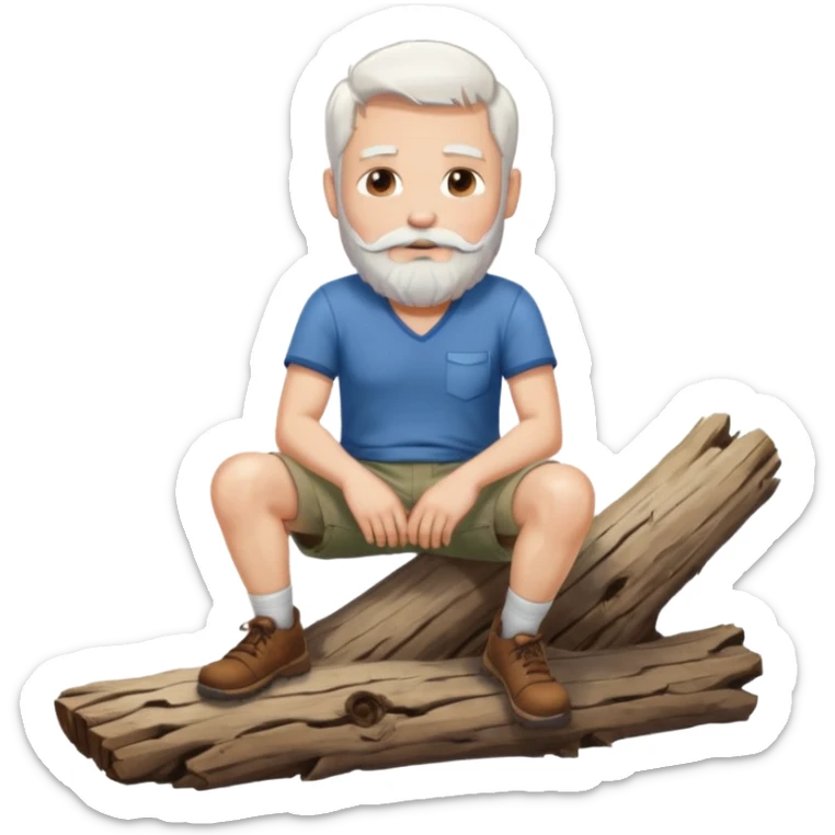 A white haired man with a beard sitting on a piece of wood wearing shorts sticker