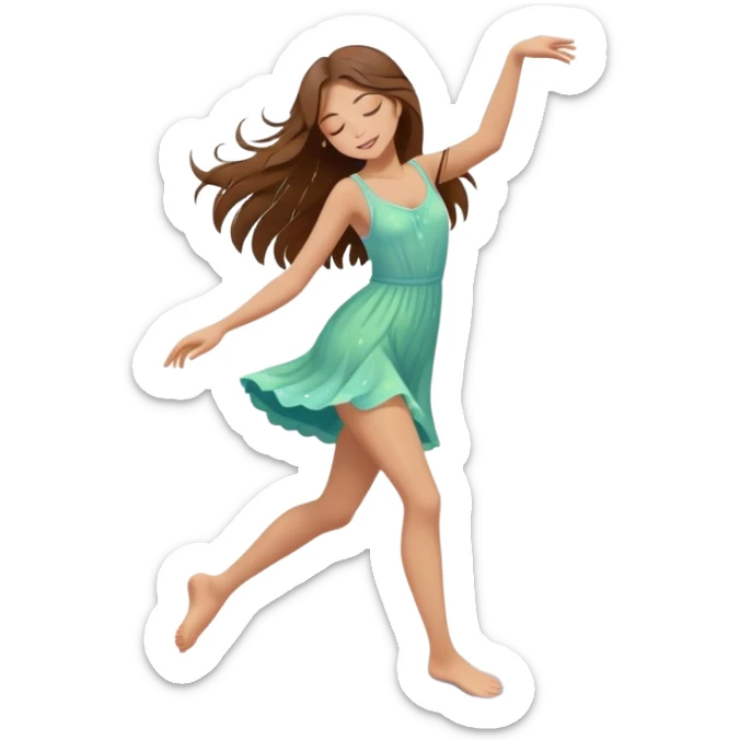 Girl with long brown hair dancing barefoot in the rain with closed eyes spring colors cartoon style elegant romantic love life  sticker