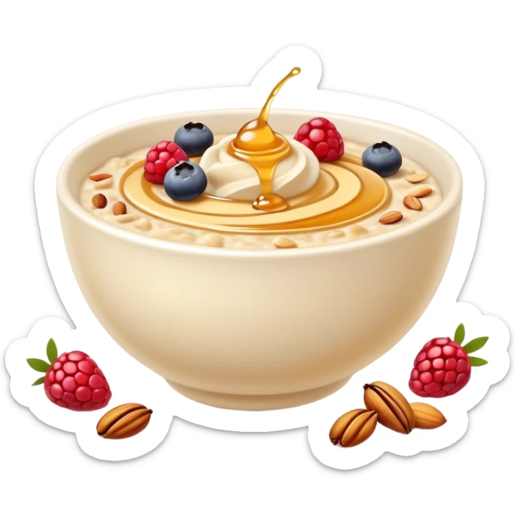 Cinematic creamy oatmeal, smooth texture with a swirl of honey on top, garnished with fresh berries and nuts, warm and comforting, cozy golden tones, rich and delicious. sticker