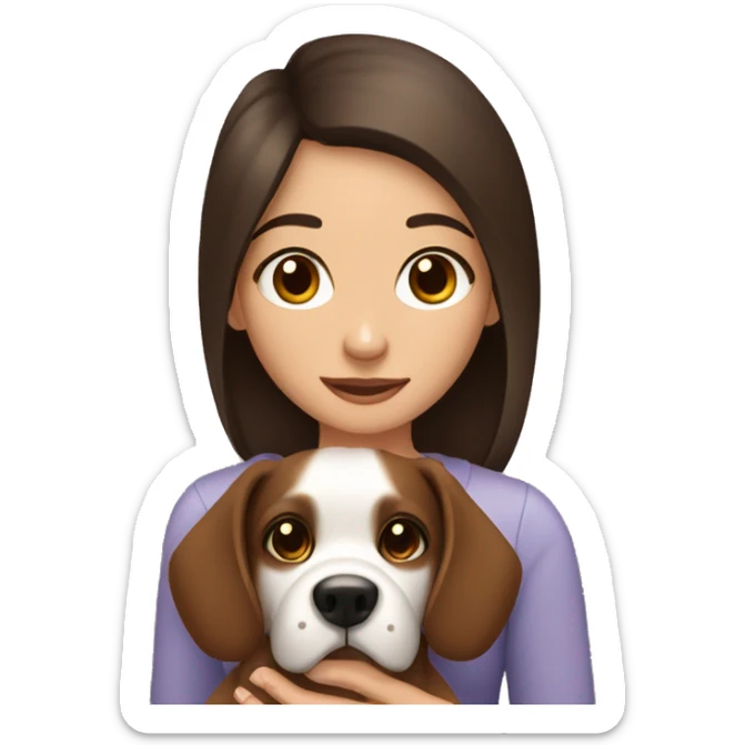 brunette girl, brown eyes , holding her phone in one hand and a dog in the other sticker