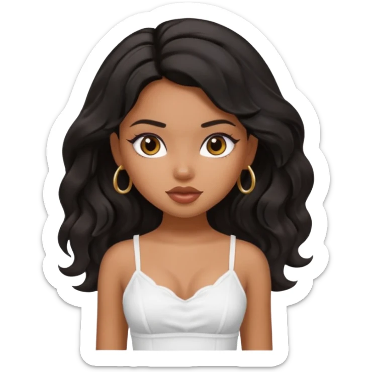 a pretty bratz tan girl with wavy black hair wearing a white cami top. Skintone is brown sticker