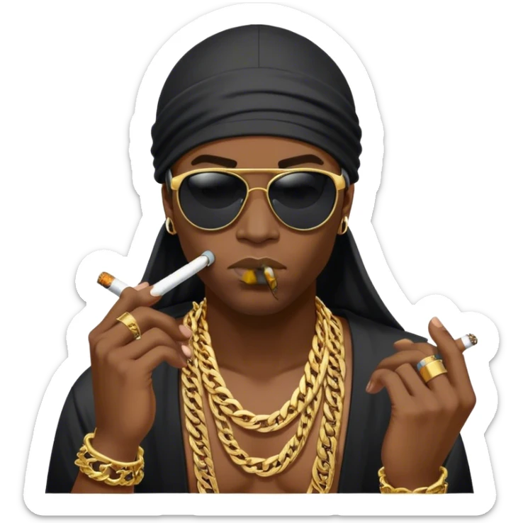 make me an image of a black emoji and he is wearing a durag smoking a cigarette with a massive gold chain on that says BIG N and he is wearing black sunglasses  sticker