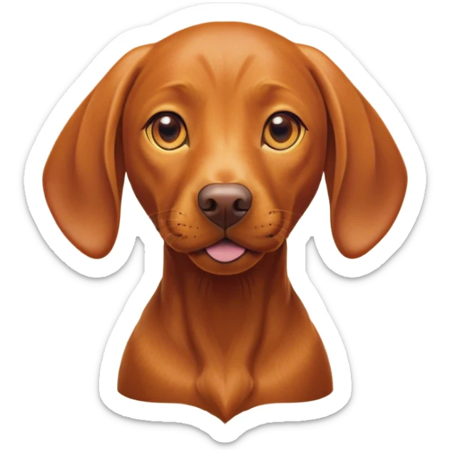 Cinematic Cute Vizsla Portrait Emoji, Head tilted playfully and inquisitively, featuring a sleek rust and gold Fur with a natural sheen, round, sparkling amber eyes filled with curiosity, Simplified yet irresistibly adorable features, highly detailed, glowing with a warm, friendly glow, high shine, affectionate and spirited, stylized with a touch of whimsy, bright and endearing, soft glowing outline, capturing the essence of a mischievous yet loving companion, so playful it feels like it could dash out of the screen and into your arms! sticker