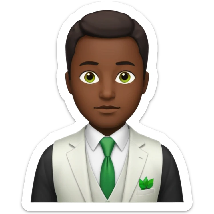 businessman, black skin, brown eyes, white suit vest, green tie sticker