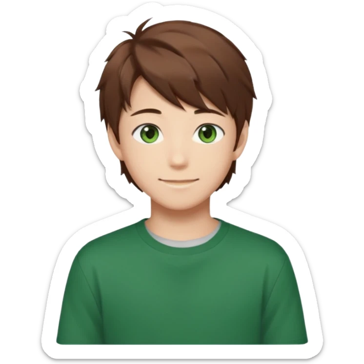 the face of an Anime asian style teen boy with brown hair, green eyes, looking smiling slightly sideways positioned. Face must be main filling of the emoji.  128px sticker
