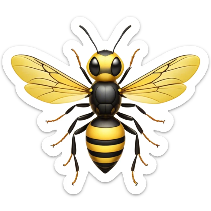 Cinematic Noble Wasp Portrait Emoji, Poised and formidable, with a sleek, slender body in bold yellow and black hues, angular, translucent wings and sharp, focused eyes exuding determined intensity, Simplified yet strikingly defined features, highly detailed, glowing with a cool, assertive radiance, high shine, intelligent and vigilant, stylized with an air of natural precision, focused and alert, soft glowing outline, capturing the essence of a watchful wasp that appears ready to buzz out of the screen with commanding presence! sticker