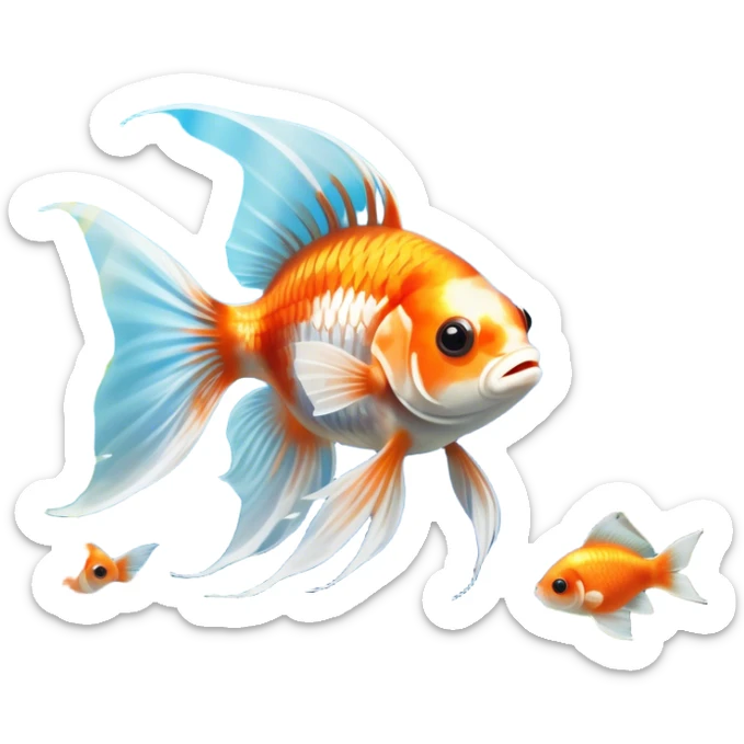 Large aquarium fish like veil tails and lionhead goldfish swimming gracefully in a beautifully decorated aquarium. Colorful aquatic plants, smooth rocks, and gentle bubbles surround the fish. The water shimmers in sunlight, creating a peaceful and vibrant underwater scene. Transparent background. sticker