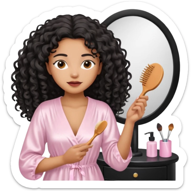 Mixed-race woman with caramel skin, wearing a white satin nightgown, brushing her long black curly hair in front of a pastel pink vanity sticker